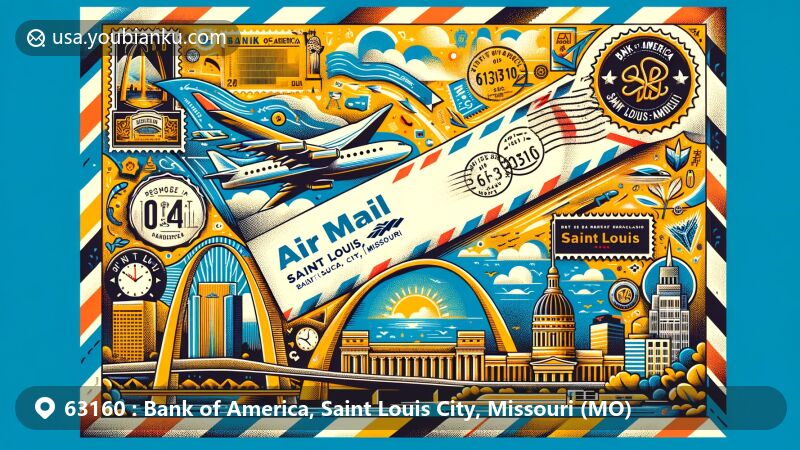 Modern illustration of Saint Louis City, Missouri, showcasing postal theme with ZIP code 63160, featuring Bank of America and iconic symbols like the Gateway Arch.