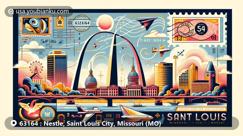 Modern illustration of Saint Louis City, Missouri, highlighting 63164 ZIP code area, featuring iconic landmarks like Gateway Arch, Wainwright Building, and Missouri Botanical Garden, with Mississippi River background.