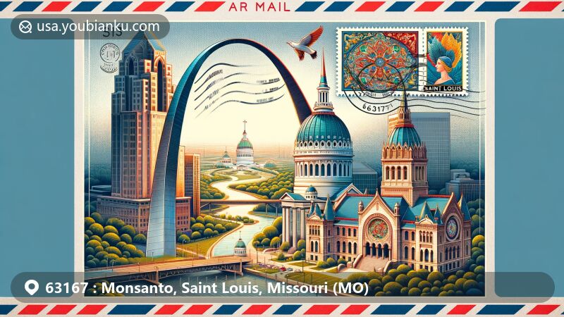 Modern illustration of Monsanto area in Saint Louis, Missouri, featuring Gateway Arch and Cathedral Basilica against air mail envelope backdrop, with vintage stamps of Wainwright Building and Missouri Botanical Garden, highlighting cultural and architectural landmarks.