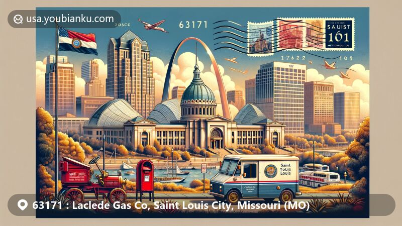 Modern illustration of Saint Louis, Missouri, with postal theme for ZIP code 63171, featuring iconic landmarks like Saint Louis Art Museum, Busch Stadium, and Missouri Botanical Garden.
