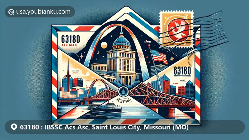 Modern illustration of Saint Louis City, Missouri, showcasing 63180 ZIP code area with air mail envelope design featuring Gateway Arch, Eads Bridge, Missouri state flag, and traditional postal elements.
