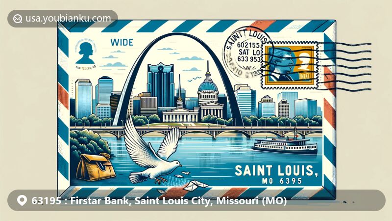 Modern illustration of Saint Louis, Missouri, incorporating postal theme with iconic Gateway Arch and Mississippi River, featuring zipcode 63195. Cityscape within stylized air mail envelope with postal symbols like stamp, postmark, and carrier pigeon.