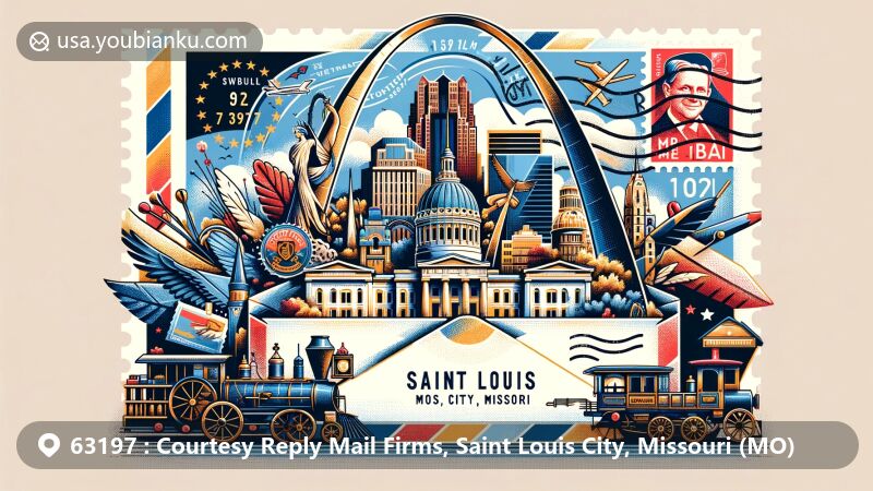 Modern illustration of Saint Louis City, Missouri, featuring iconic landmarks and postal elements, showcasing the Gateway Arch emerging from an air mail envelope, surrounded by stamps with the Missouri state flag and a postmark with ZIP code 63197.