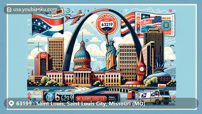 Modern illustration of Saint Louis, Missouri, with a postal theme for ZIP Code 63199, featuring the Gateway Arch, Mississippi River, Anheuser-Busch Complex, and City Hall, incorporating elements of the Missouri state flag and postal icons.
