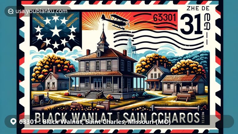 Modern illustration of Black Walnut, Saint Charles, Missouri, featuring the Historic Daniel Boone Home symbolizing Missouri's 19th-century life and the Boone family legacy within a stylized air mail envelope showcasing ZIP code 63301 and Missouri state flag.