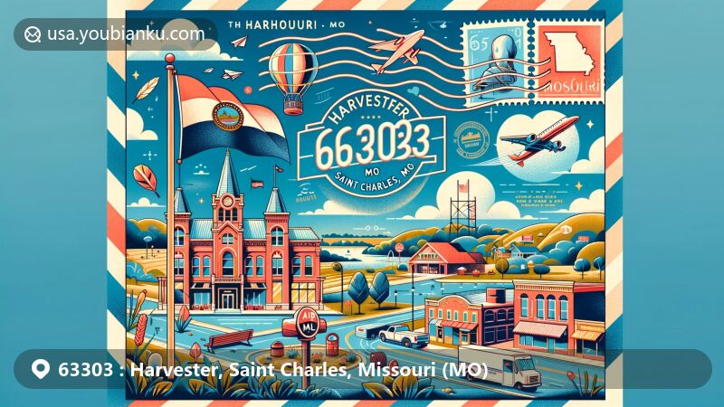Modern illustration of Harvester, Saint Charles, Missouri, showcasing postal theme with ZIP code 63303, including Missouri state flag and local landmarks.