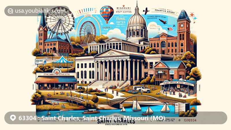 Modern illustration of Saint Charles, Missouri, focusing on ZIP code 63304, featuring key landmarks like the First Missouri State Capitol, Family Arena, Missouri Artists on Main Gallery, Frontier Park, and Weldon Spring Site Interpretive Center.