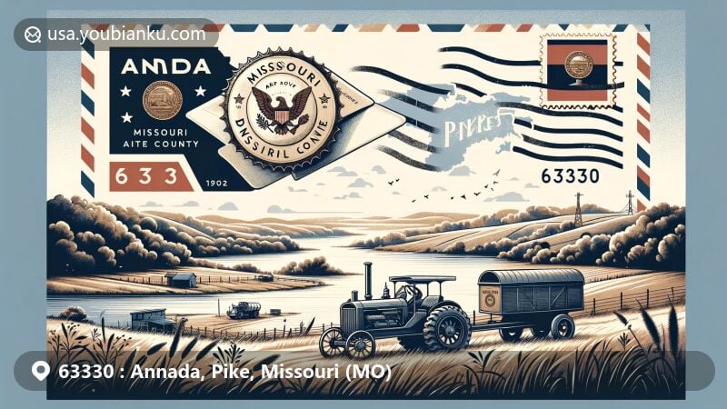 Modern illustration of Annada, Pike County, Missouri, highlighting postal theme with ZIP code 63330, featuring the Mississippi River, local wildlife, and vintage air mail envelope.