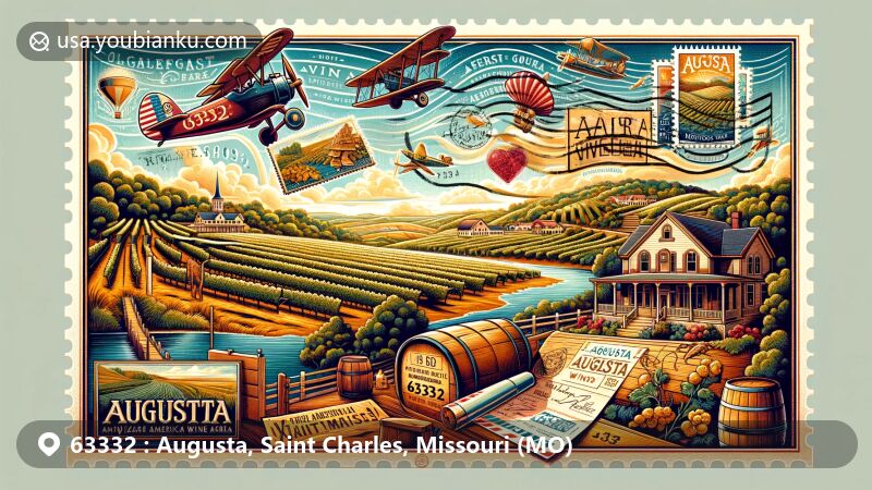 Modern illustration of Augusta, Missouri, St. Charles County, with a vintage airmail envelope featuring ZIP code 63332, showcasing Augusta's winemaking heritage, including Augusta Winery and Mount Pleasant Winery, Daniel Boone Home, Katy Trail, and artistic elements.