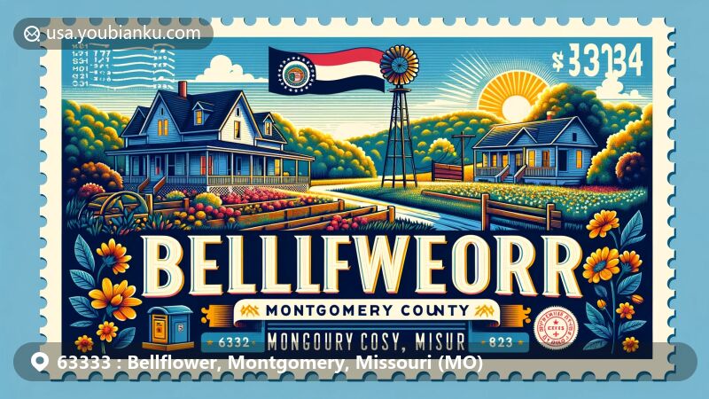 Creative postcard illustration of Bellflower, Montgomery County, Missouri, capturing the serene rural landscape and Missouri state flag, featuring vintage postal elements like a postage stamp with ZIP code 63333, a postal mark, and a traditional mailbox or post truck.