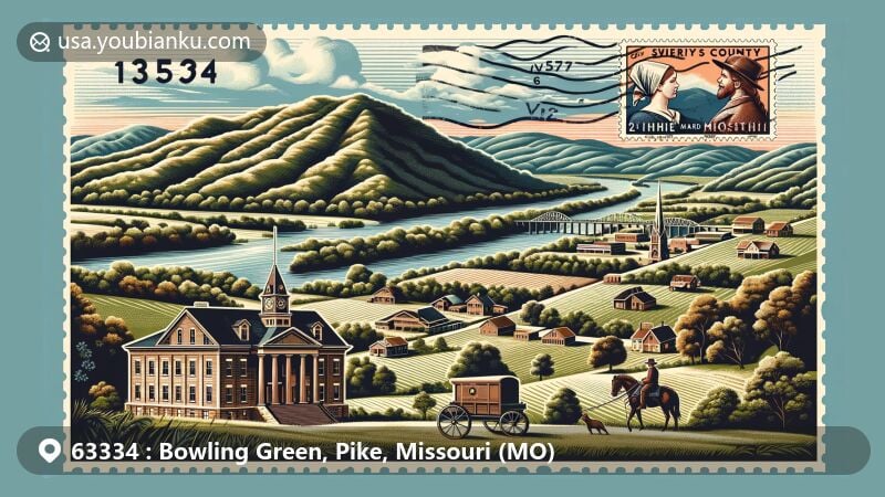 Modern illustration of Bowling Green, Pike County, Missouri, highlighting Lincoln Hills' forested areas with limestone outcroppings and the Mississippi River border. Features icons like the 1917 courthouse, Amish crafts, and postal elements.
