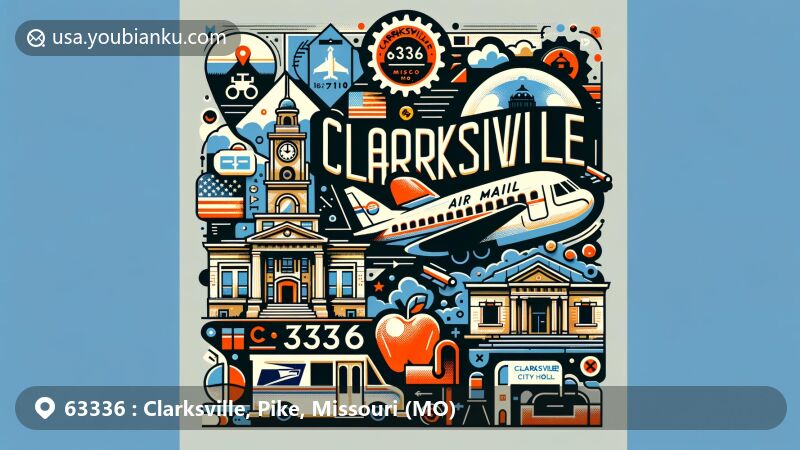 Modern illustration of Clarksville, Pike County, Missouri, featuring postal theme with ZIP code 63336, including iconic landmarks like City Hall and Sentinel Building, as well as cultural symbols like Applefest and Pike County outline.