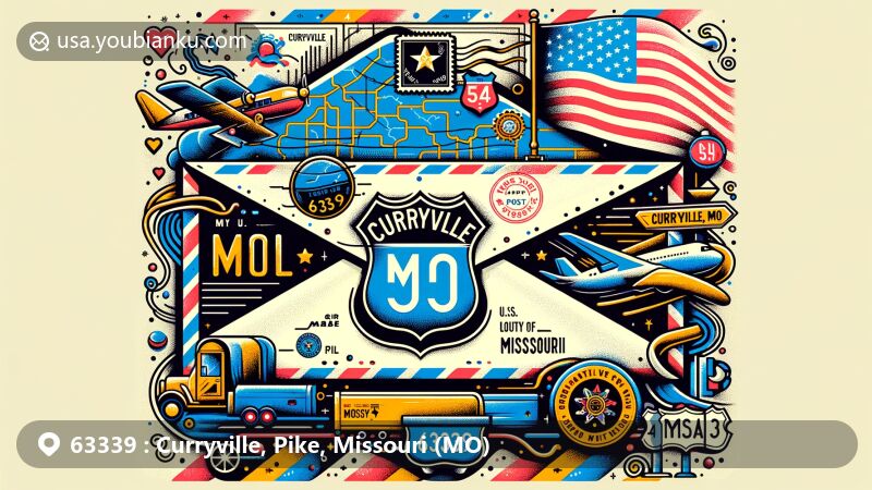 Modern illustration of Curryville, Missouri, representing ZIP code 63339 on an airmail envelope with map outline and Missouri state flag, featuring 