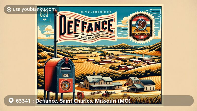 Stylized postcard of Defiance, Saint Charles County, Missouri, featuring Defiance Roadhouse, rolling hills, and vintage postal stamp with Missouri state flag.