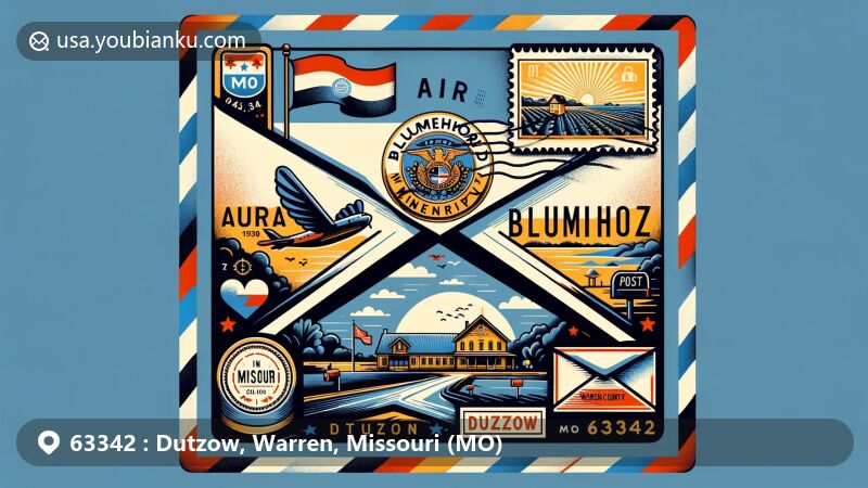Modern illustration of airmail envelope with Blumenhof Winery in Dutzow, Missouri, featuring Missouri state flag, stamp of winery, postmark 'Dutzow, MO 63342,' and mailbox icon, with outline of Warren County map in the corner.