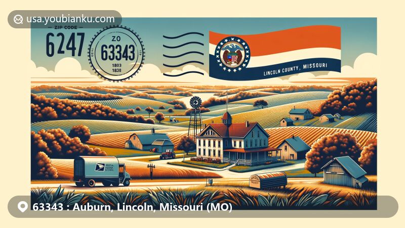 Modern depiction of Auburn, Lincoln County, Missouri, with postal theme and state symbols, showcasing picturesque landscape with rolling hills, farmland, and historical markers, along with ZIP code 63343 and Missouri state flag.