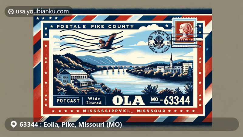 Modern illustration of Eolia, Pike County, Missouri, featuring picturesque views along the Mississippi River, with vintage airmail envelope design showcasing Missouri state flag and postal theme.