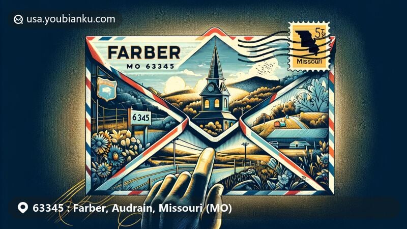 Modern illustration of Farber, Audrain County, Missouri, featuring envelope with postal theme, depicting county silhouette, rural landscape, and state symbols.
