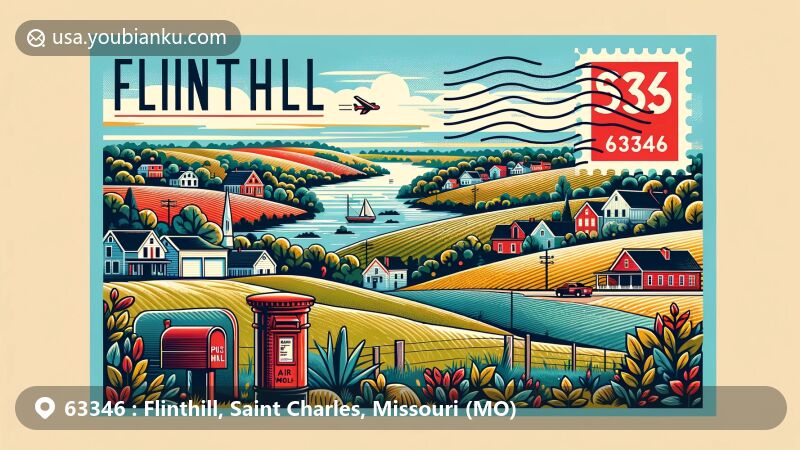 Modern illustration of Flinthill, Missouri, showcasing countryside landscape with ZIP code 63346, featuring postal icons like a postage stamp, postmark, and a classic red mailbox, capturing small-town charm and scenic beauty.