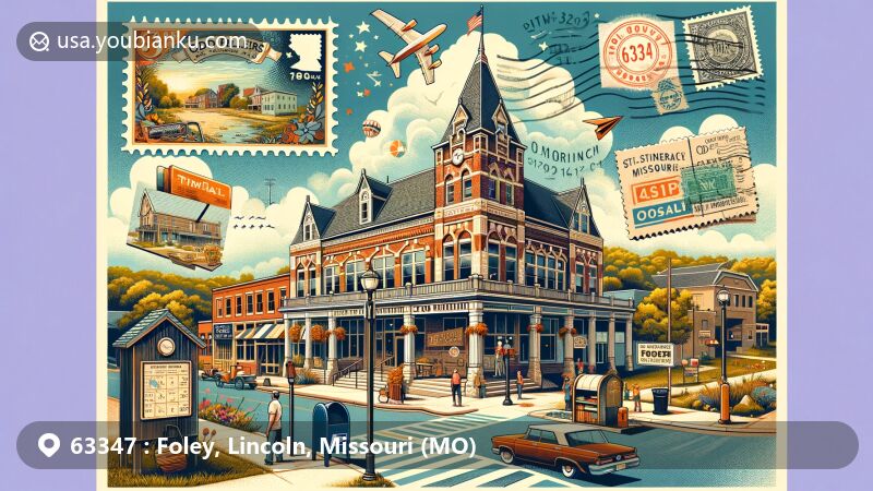 Modern illustration of Foley, Lincoln County, Missouri, featuring the Odd Fellows Building amidst a charming small-town setting, incorporating vintage postal elements with a postcard design, mailbox, and a stamp displaying ZIP code 63347.
