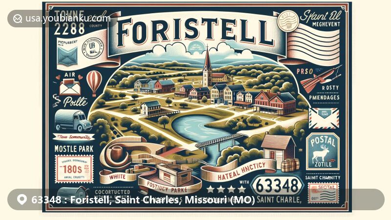 Modern illustration of Foristell, Saint Charles, Missouri, inspired by zipcode 63348, showcasing Indian Camp Creek scenery and postal elements like stamps, a postal truck, and postmark.