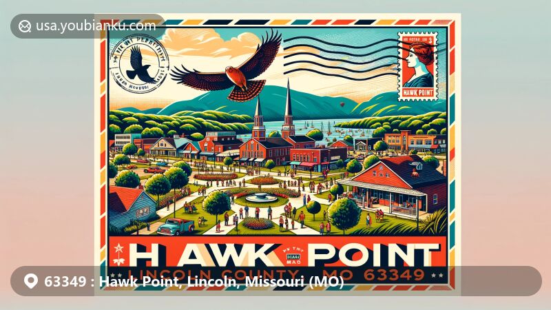 Modern illustration of Hawk Point, Lincoln County, Missouri, depicting a vibrant postcard style with key elements of the town, featuring lush green landscapes, hawks in the sky, and community gatherings.