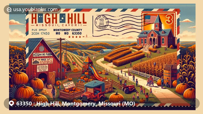 Modern illustration of High Hill, Missouri, showcasing vibrant autumn scene at Play Day Farm with corn maze, pumpkin patch, and family fun rides, featuring High Hill School and Montgomery County map.