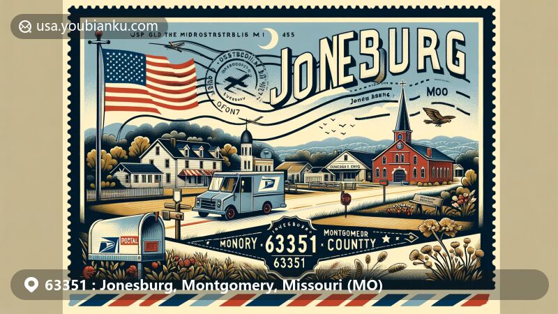 Vintage illustration of Jonesburg, Montgomery County, Missouri, inspired by air mail design, featuring postal elements and state symbols.