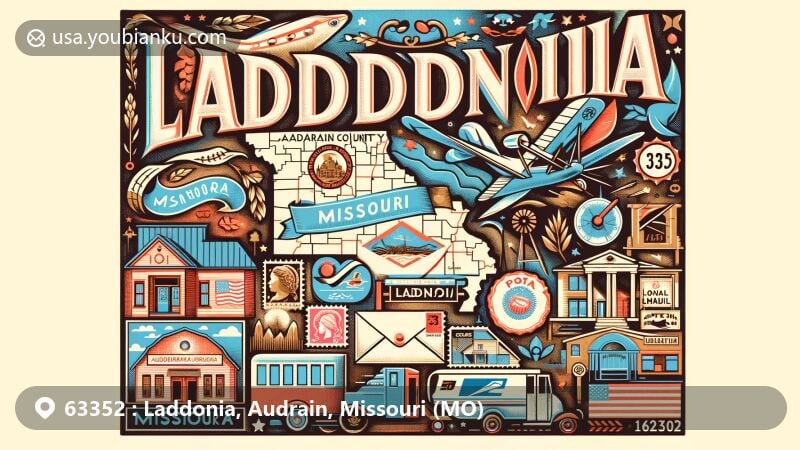 Modern illustration of Laddonia, Audrain County, Missouri, integrating geographical features and postal communication theme, showcasing MO outline, Audrain County shape, and Laddonia landmarks, with vintage postcard design, air mail elements, and ZIP code 63352 postmark.