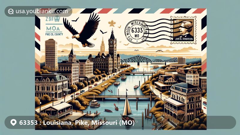 Modern illustration of Louisiana, Missouri, in Pike County, featuring a postcard with ZIP code 63353, highlighting the Mississippi River, Victorian streetscape, and John B. Henderson Riverview Park.