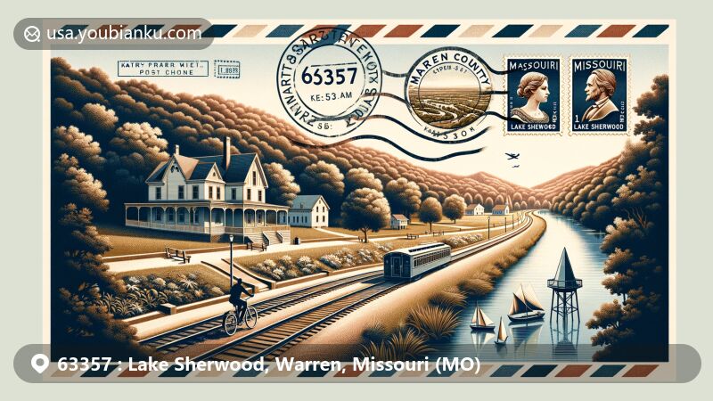 Modern illustration of Lake Sherwood, Warren County, Missouri, capturing the enchanting Katy Trail and historic home of Daniel Boone, adorned with Missouri state flag and seal. A decorative postcard design featuring transparent airmail envelope with stamps showcasing regional landscapes and postmarks with ZIP code 63357.