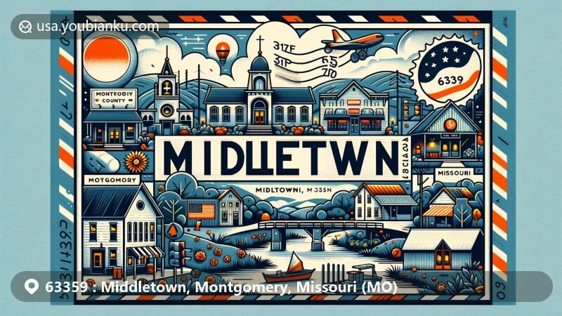 Modern illustration of Middletown, Montgomery County, Missouri, depicting the quaint rural community with ZIP code 63359, featuring postal elements like a vintage stamp and postmark, along with Missouri state symbols.