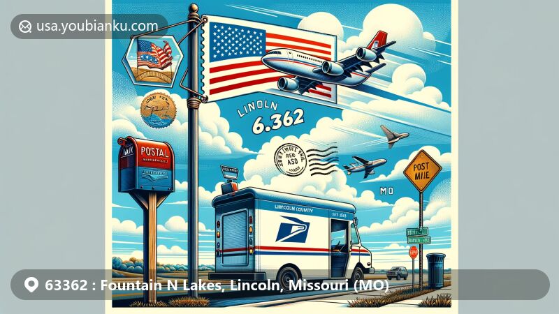 Modern illustration of airmail envelope with Missouri state flag, Lincoln County outline, postal stamp, postmark, street corner mailbox, and postal van delivering mail in 63362 Fountain N' Lakes, MO.