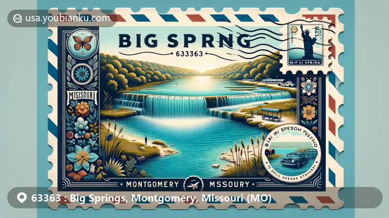 Modern illustration of Big Spring, Missouri, featuring postal theme with aqua-blue waters, Missouri symbols, vintage postage stamp, and postal cancellation mark.