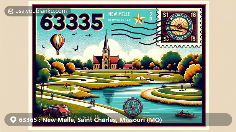 Modern illustration of New Melle, Saint Charles County, Missouri, showcasing postal theme with ZIP code 63365, featuring Park at New Melle Lakes with trails, fishing lakes, and a disc golf course, highlighting outdoor activities and natural beauty.