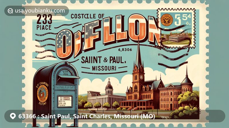 Modern illustration of O'Fallon and Saint Paul in Saint Charles County, Missouri, with St. Charles Historic District and First Missouri State Capitol State Historic Site. Featuring a classic American mailbox with '63366' and 'Missouri' stamp, highlighting the postal theme.