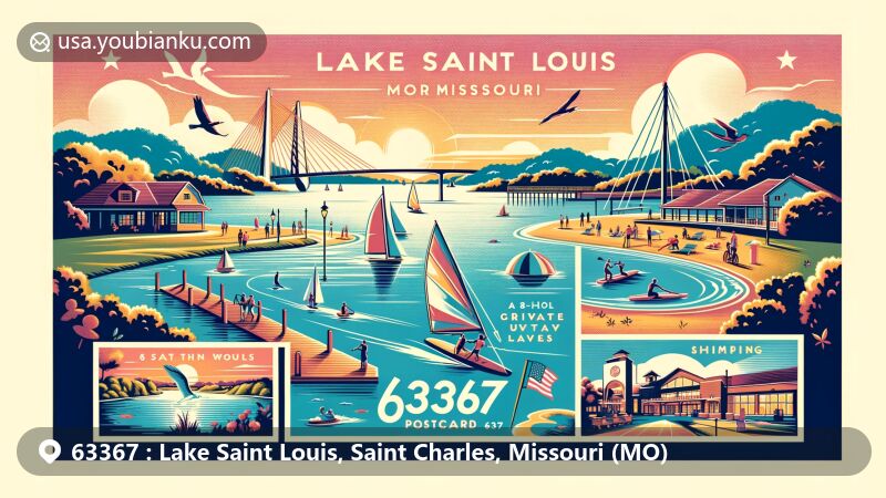 Vivid illustration of Lake Saint Louis, Missouri, highlighting the vibrant community and recreational activities around two private lakes. Featuring sailing, water skiing, local golf course, beaches, parks, and unique shopping experience at The Meadows.