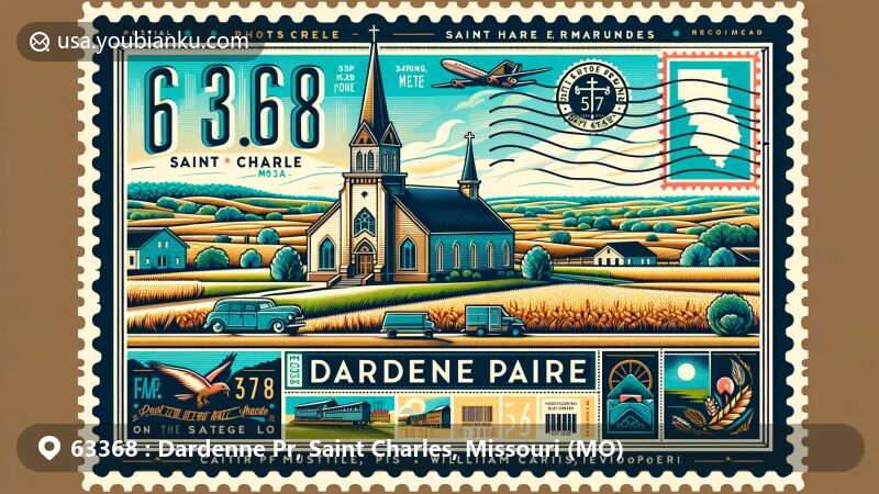Modern illustration of Dardenne Prairie, Saint Charles, Missouri, showcasing Immaculate Conception Church, rolling countryside, and high grass plains evoking William Clark's historical records.