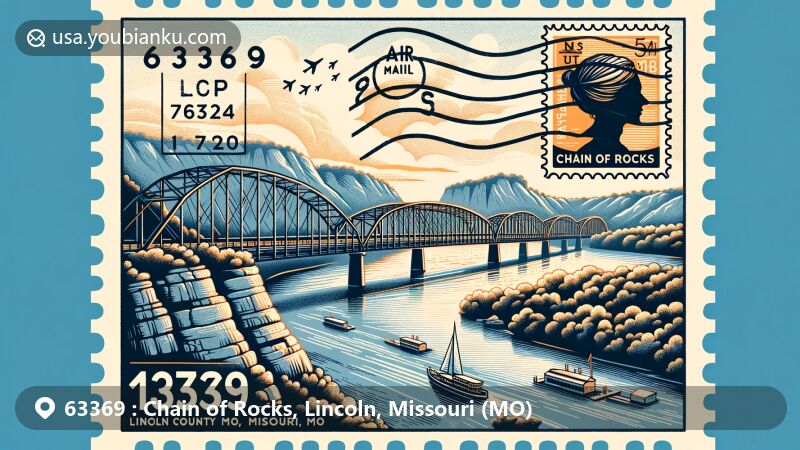 Modern illustration of Chain of Rocks, Lincoln County, Missouri, resembling an air mail envelope or postcard design, featuring Chain of Rocks Bridge and Cuivre River rocks, incorporating postal stamp with '63369' and 'Chain of Rocks, MO' text elements.