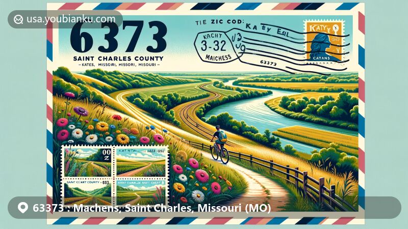 Modern illustration of the Katy Trail in Machens, Saint Charles County, Missouri, highlighting the scenic beauty with lush farmland and wildflowers along the Missouri River.