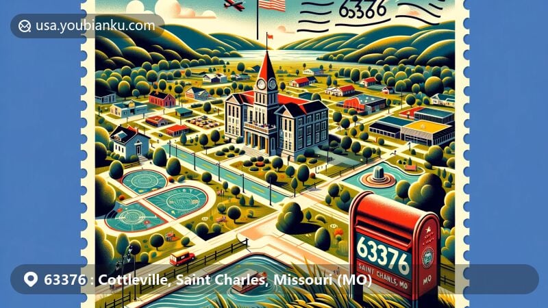Modern illustration of Cottleville, Saint Charles, Missouri, showcasing postal theme with ZIP code 63376, featuring landmarks like City Hall, local parks, and trails, with a stylized postcard displaying Missouri state flag, 'Cottleville, MO' postal mark, and a red mailbox.