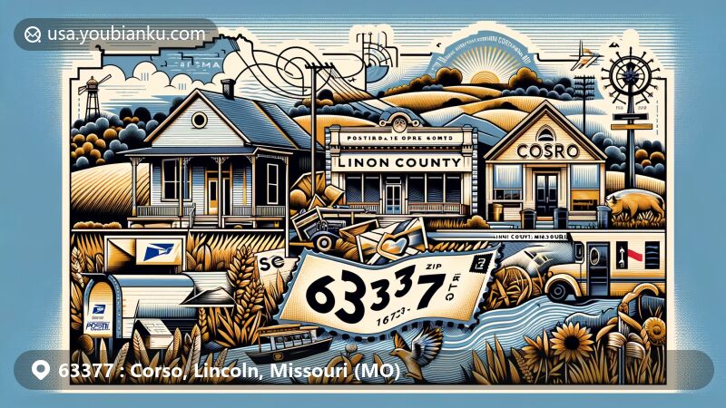 Modern illustration of Corso, Lincoln County, Missouri, blending postal theme with regional and cultural elements, showcasing County outline, rural Missouri landscape, and historic symbols like a post office facade from 1873.