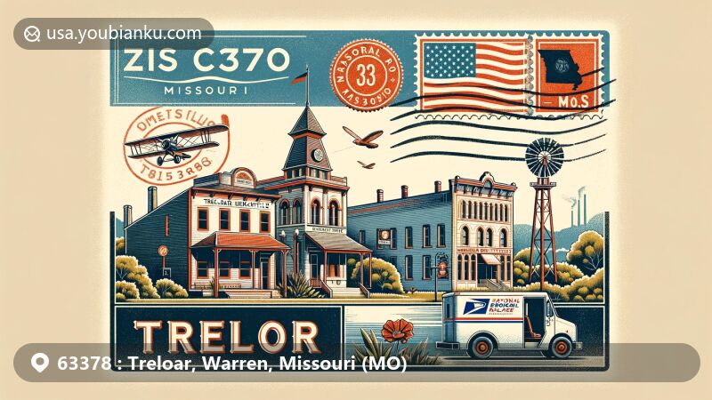Modern illustration of Treloar, Missouri, highlighting postal theme with vintage air mail envelope, Missouri state flag stamp, 'Treloar, MO 63378' postmark, and mail delivery truck stamp, featuring Treloar Mercantile and Farmer's Bank buildings amidst lush greenery and Missouri River backdrop.