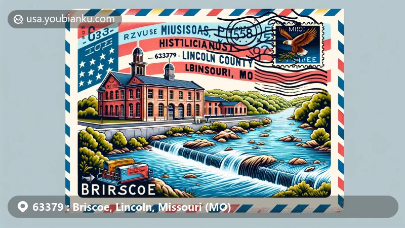 Modern illustration of Briscoe, Lincoln County, Missouri, highlighting the North Fork of the Cuivre River, Lincoln County Historical Society Museum, and Missouri state flag.