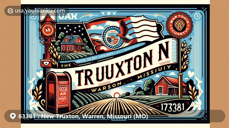 Modern illustration of New Truxton and Truxton in Warren County, Missouri, showcasing Missouri state flag elements, Warren County outline, and rural Missouri life, framed in a vintage postcard with a postal theme.