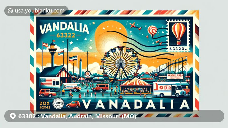 Modern illustration of Vandalia, Audrain County, Missouri, featuring Vandalia Area Fair and Midwestern setting, showcasing prairies, seasonal weather, and community spirit.
