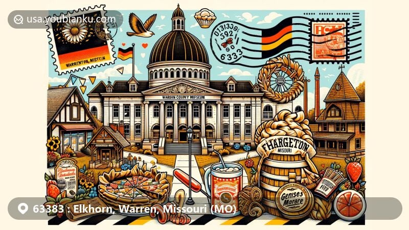 Modern illustration of a postcard from Warrenton, Missouri, showcasing German cultural heritage and community events like FrühlingFest, featuring Warren County Museum, Veterans Memorial Park, and Warren County Courthouse, incorporating postal elements with stamps, postmarks, and ZIP Code 63383.