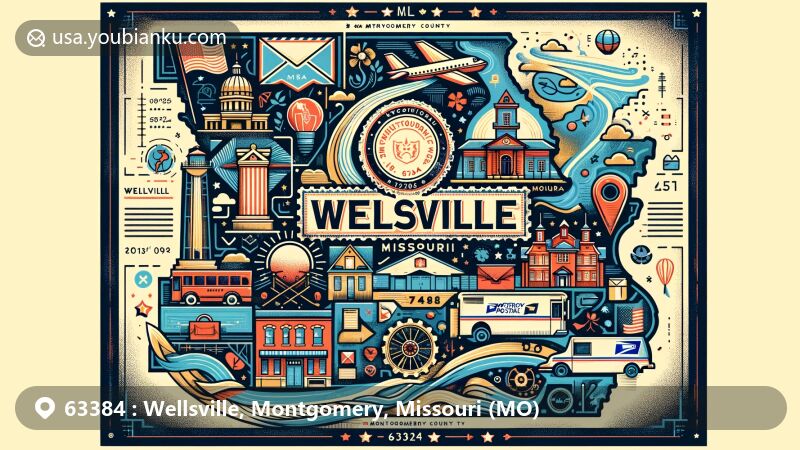 Modern illustration of Wellsville, Montgomery County, Missouri, capturing the essence of ZIP code 63384 with local and postal symbols, including Montgomery County outline, air mail envelope, vintage postage stamp, mailbox, and postal truck.