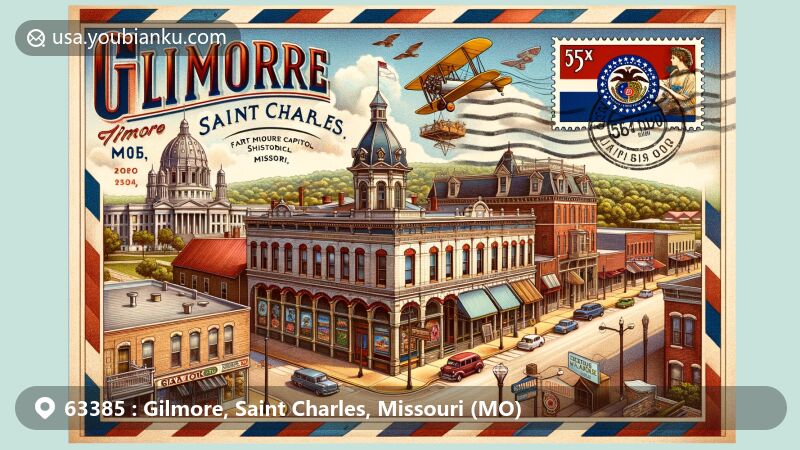 Modern illustration of Gilmore, Saint Charles County, Missouri, featuring St. Charles Historic District and First Missouri State Capitol State Historic Site, with Missouri state flag and vintage postal elements.