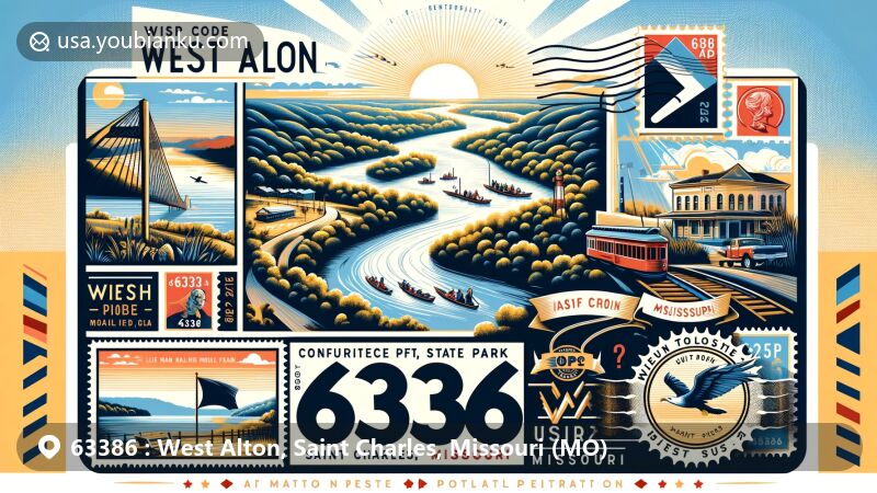 Modern illustration of West Alton, Saint Charles County, Missouri, depicting the confluence of the Missouri and Mississippi Rivers, Edward 'Ted' and Pat Jones-Confluence Point State Park, and vintage postal theme with ZIP code 63386.